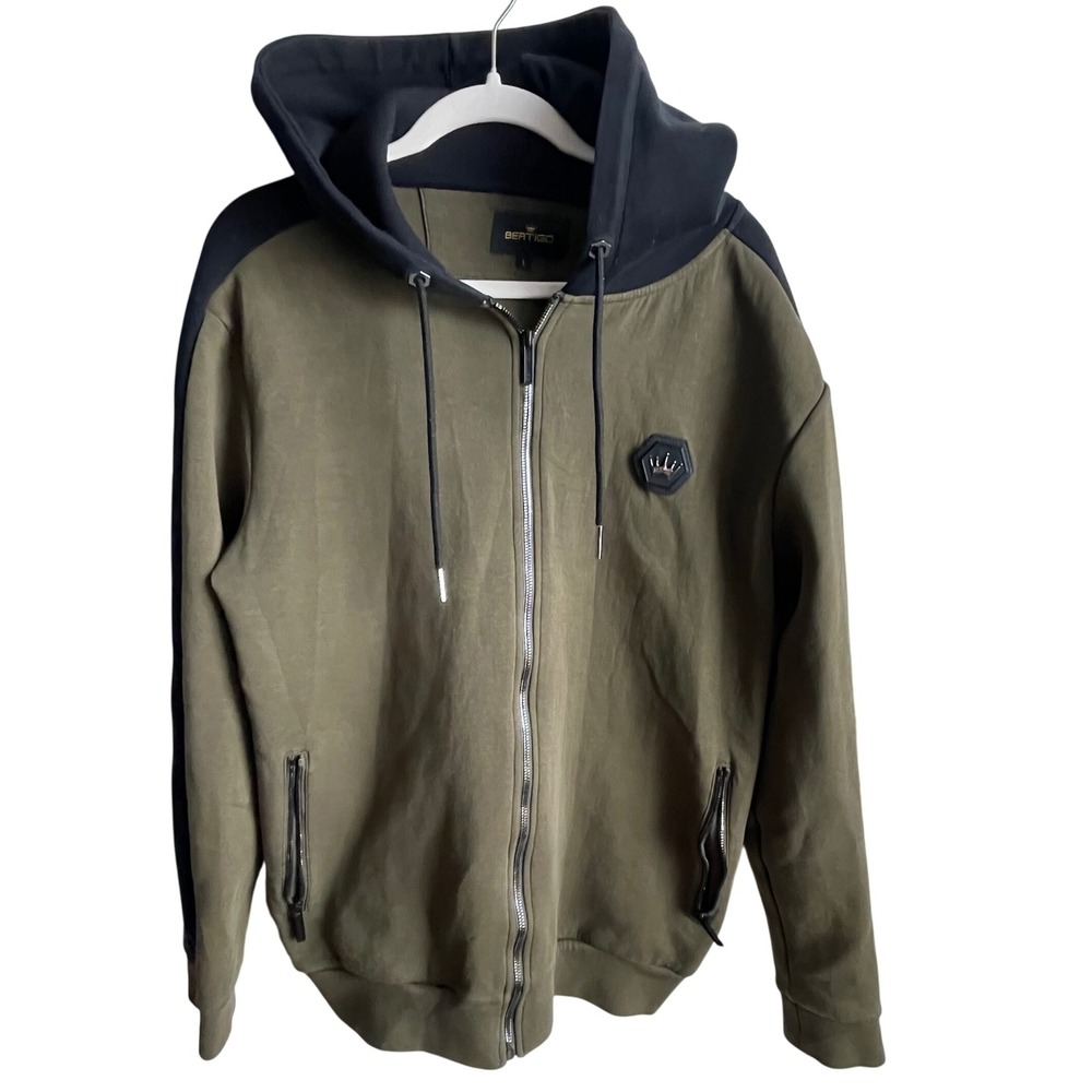 Bertigo Olive Green Black Hoodie SZ M Crown Logo Zip Up Streetwear Athleisure‎
